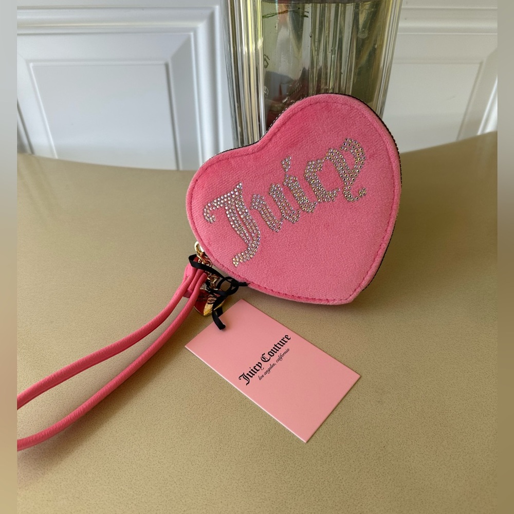 Juicy Couture Pink Lemonade Velour Heart Shape Zip Around Wallet/Wristlet